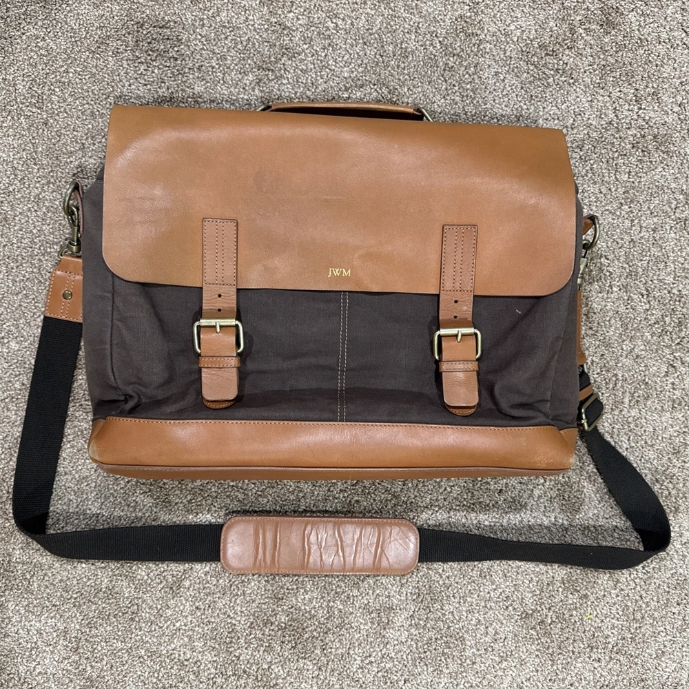 Mark & Graham Beckett Waxed Canvas Leather Messenger Briefcase Bag Satchel Strap